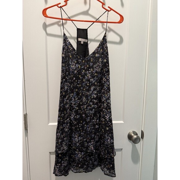 Lavender Brown Black Floral 100% Silk Flowy Skinny Strap Mini Dress Large L - Picture 1 of 5